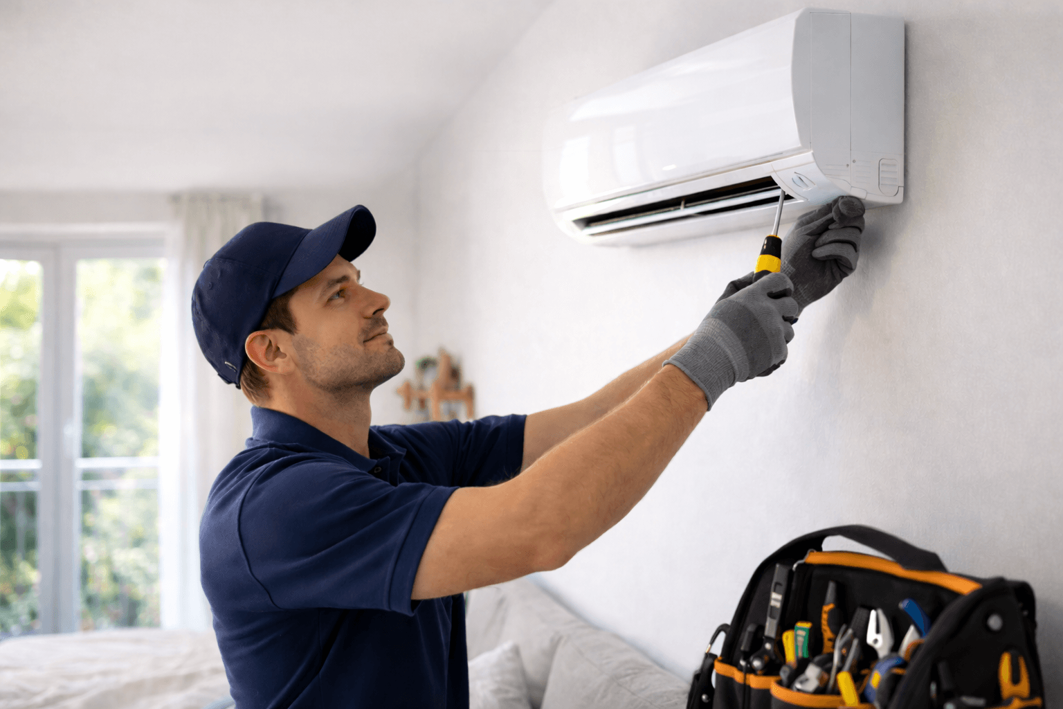 Technicien professionnel installant une climatisation de marque premium