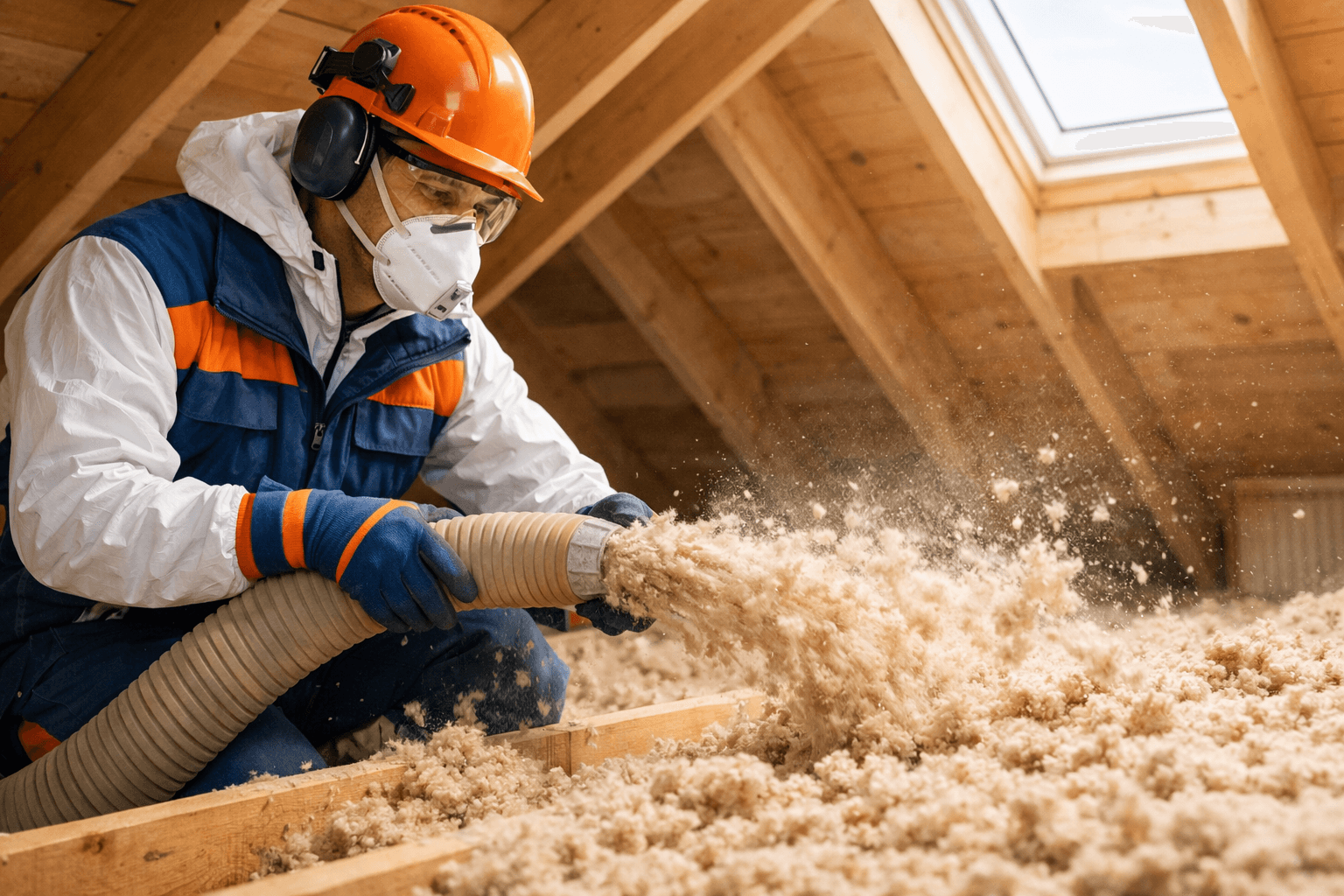 Technicien certifié RGE réalisant une isolation de combles par soufflage de laine minérale