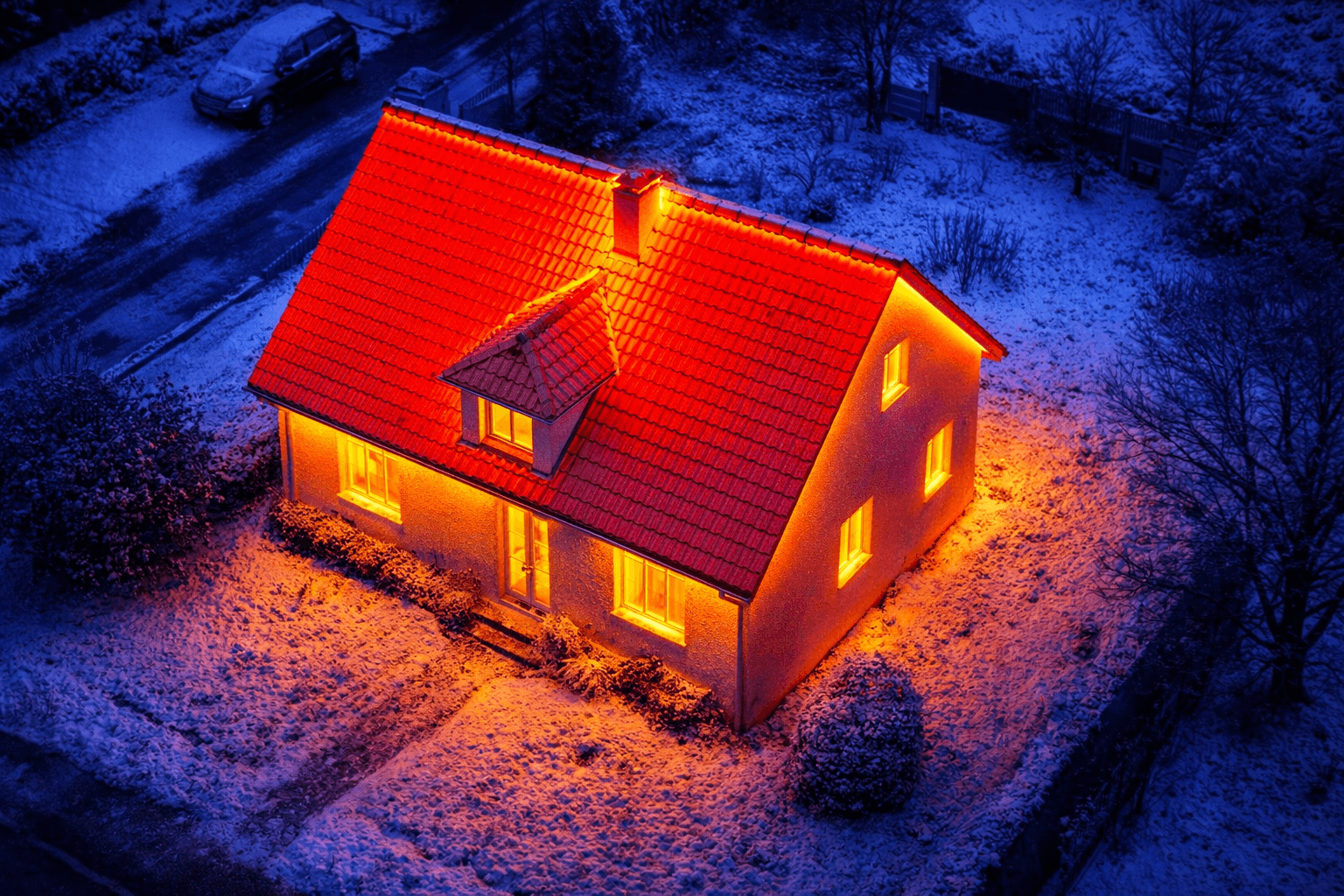 Visualisation thermique montrant les pertes de chaleur par le toit d'une maison