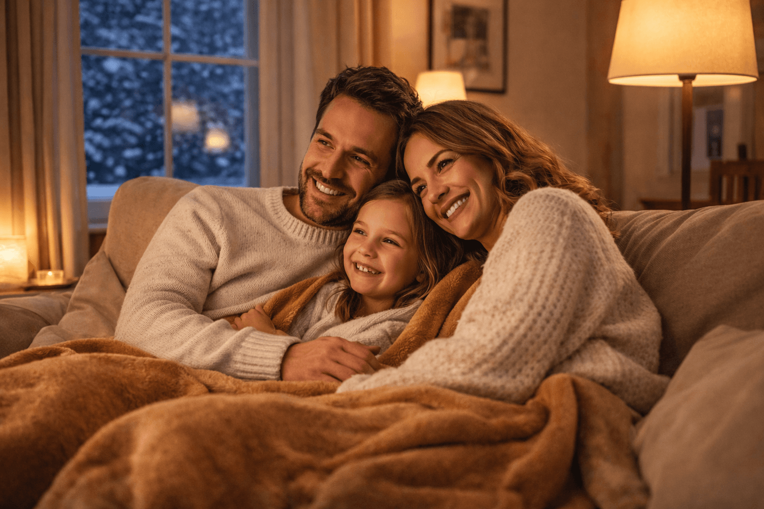 Famille confortablement installée dans un salon chaleureux en hiver