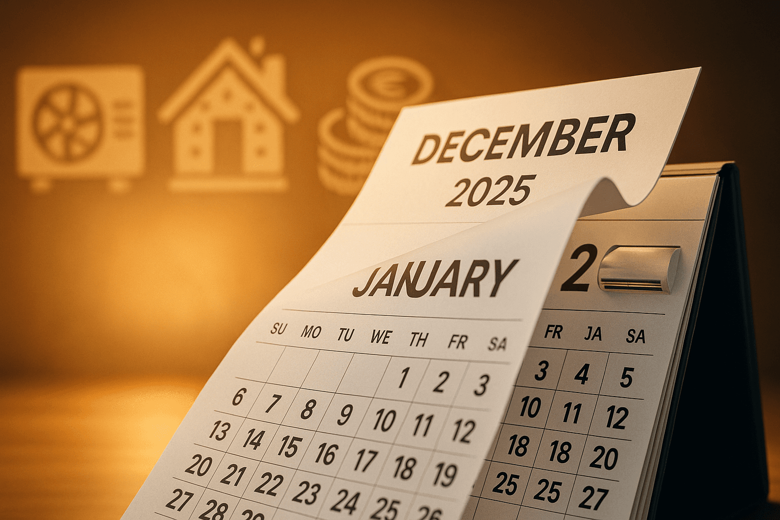 Calendrier 2026 avec symboles de rénovation énergétique et compte à rebours