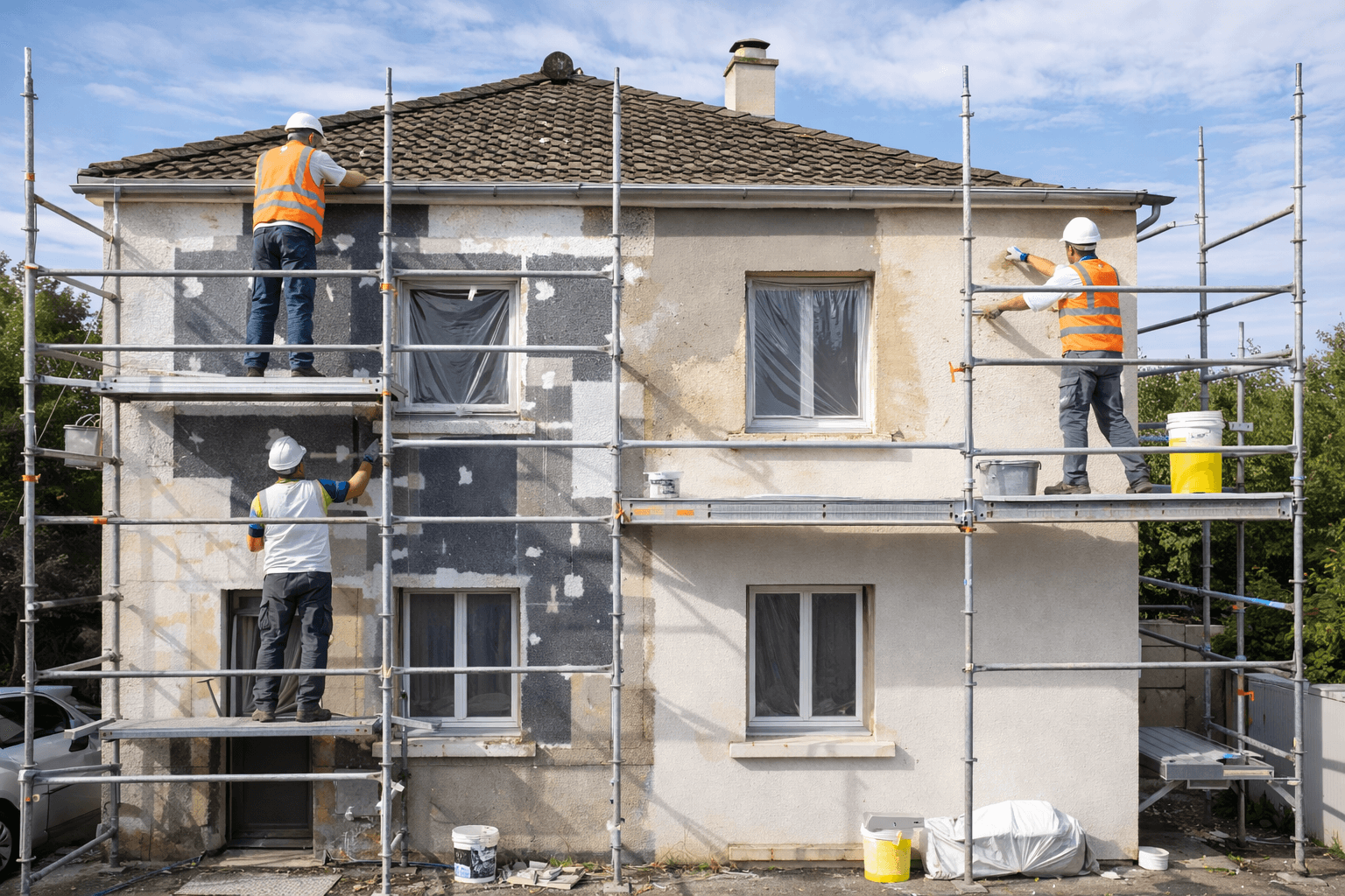 Échafaudage installé sur une maison pour travaux d'isolation thermique par l'extérieur