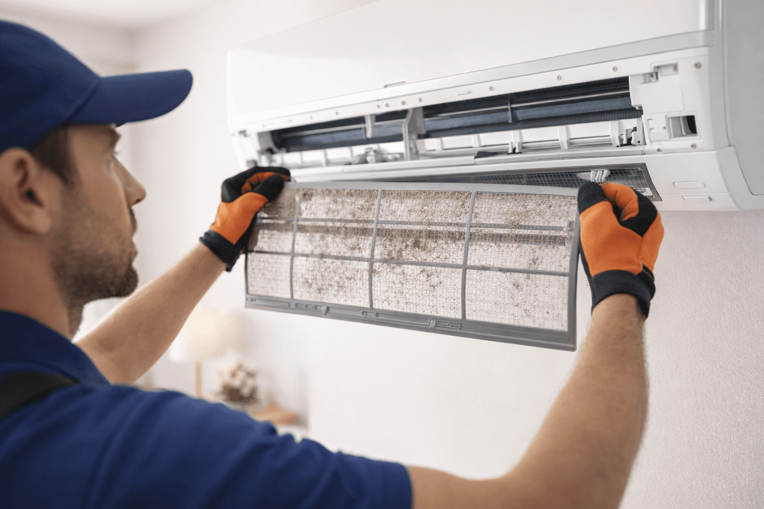 Technicien effectuant l'entretien d'une climatisation