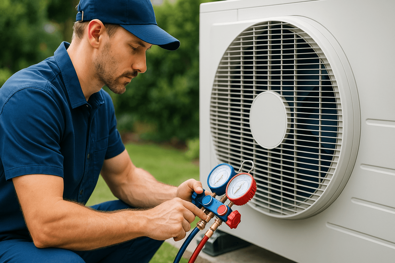 Technicien effectuant l'entretien d'une pompe à chaleur air-eau