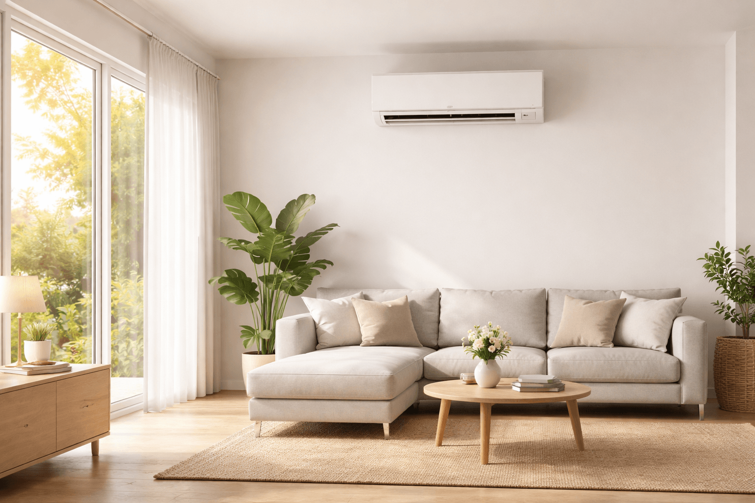 Climatisation réversible installée dans un salon moderne et lumineux