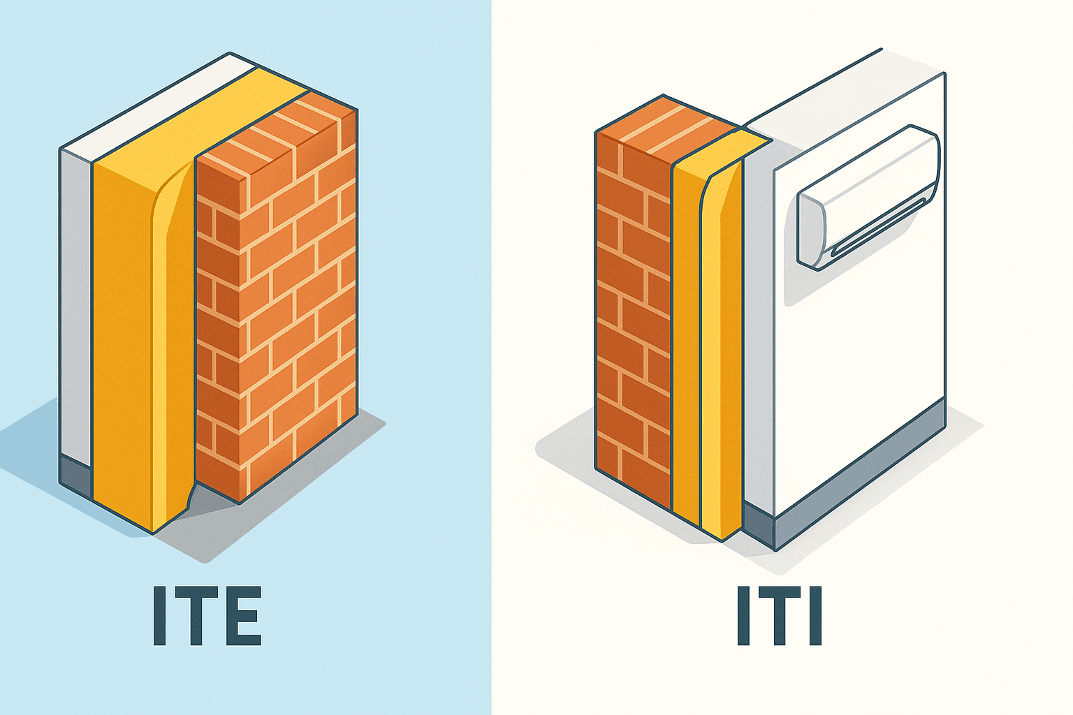 Comparaison visuelle entre isolation par l'extérieur et isolation par l'intérieur d'une maison