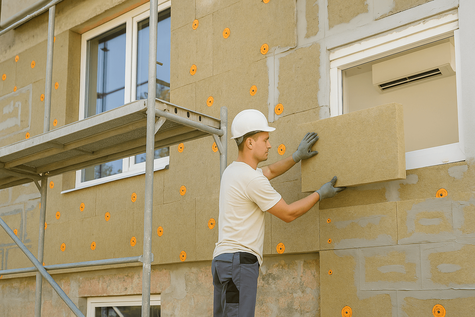 Façade de maison en cours d'isolation thermique par l'extérieur avec échafaudage
