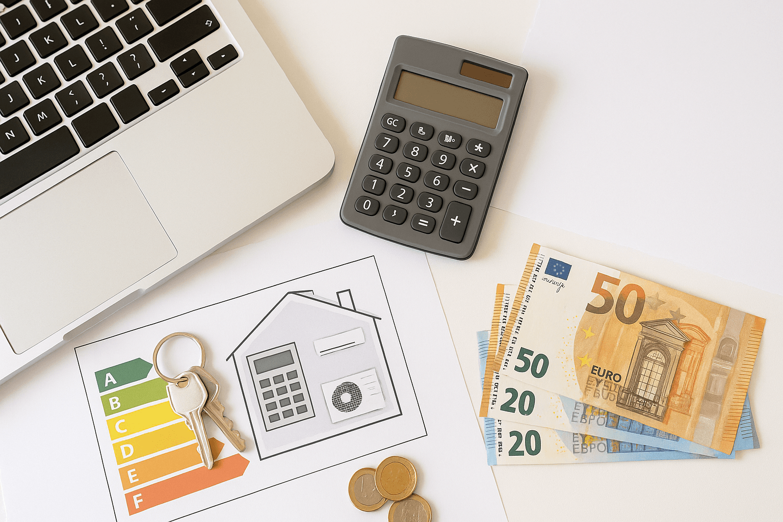 Logo MaPrimeRénov' avec documents administratifs et calculatrice