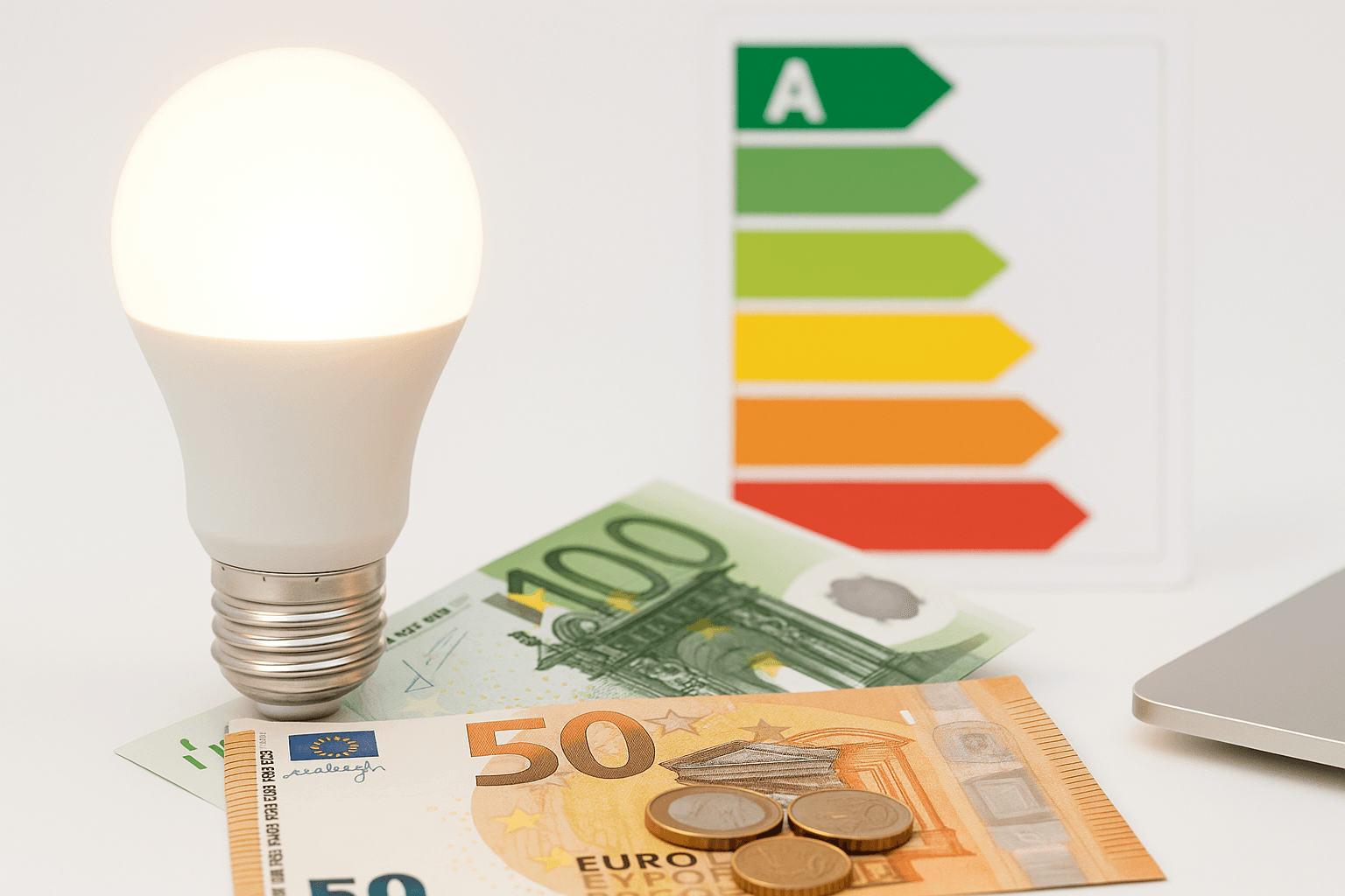 Ampoule LED et billet euros symbolisant les économies d'énergie