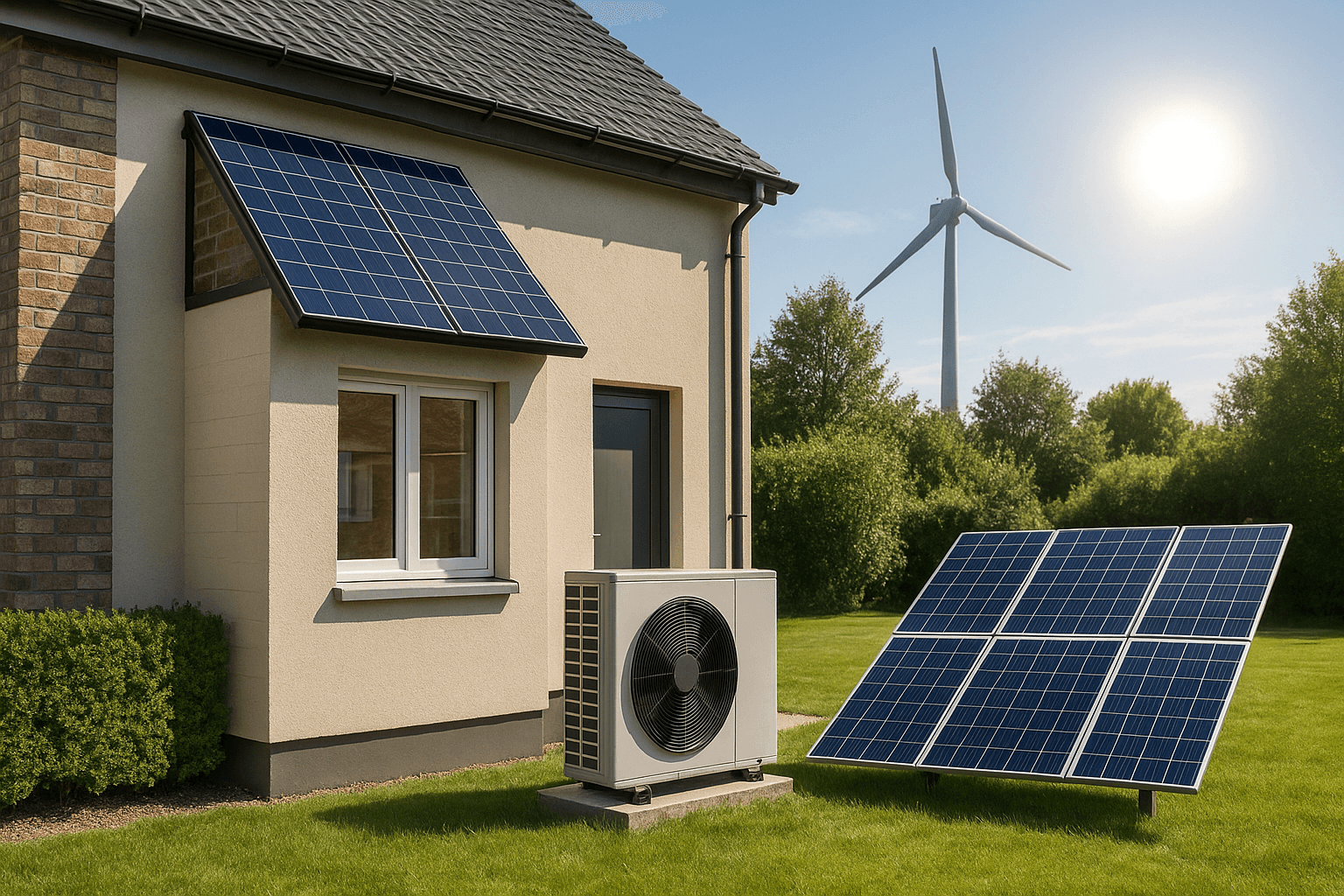 Maison rénovée avec pompe à chaleur, isolation extérieure et panneaux solaires - AB Advice expert rénovation énergétique