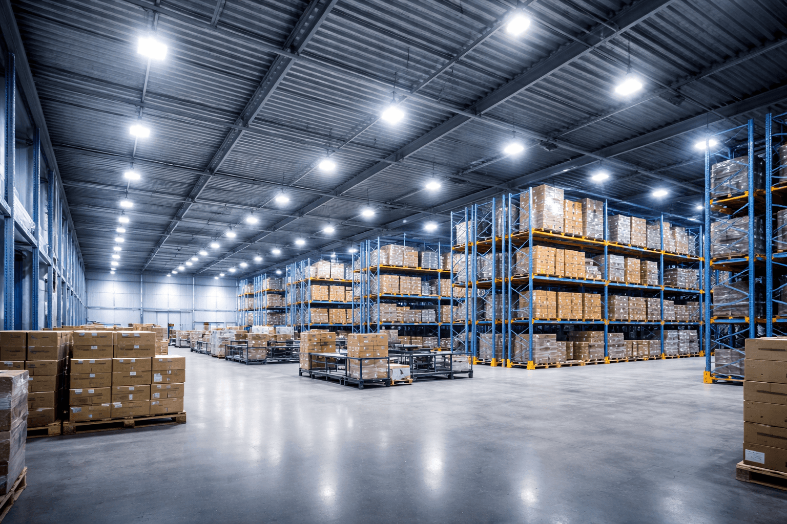 Éclairage LED professionnel dans un entrepôt industriel moderne