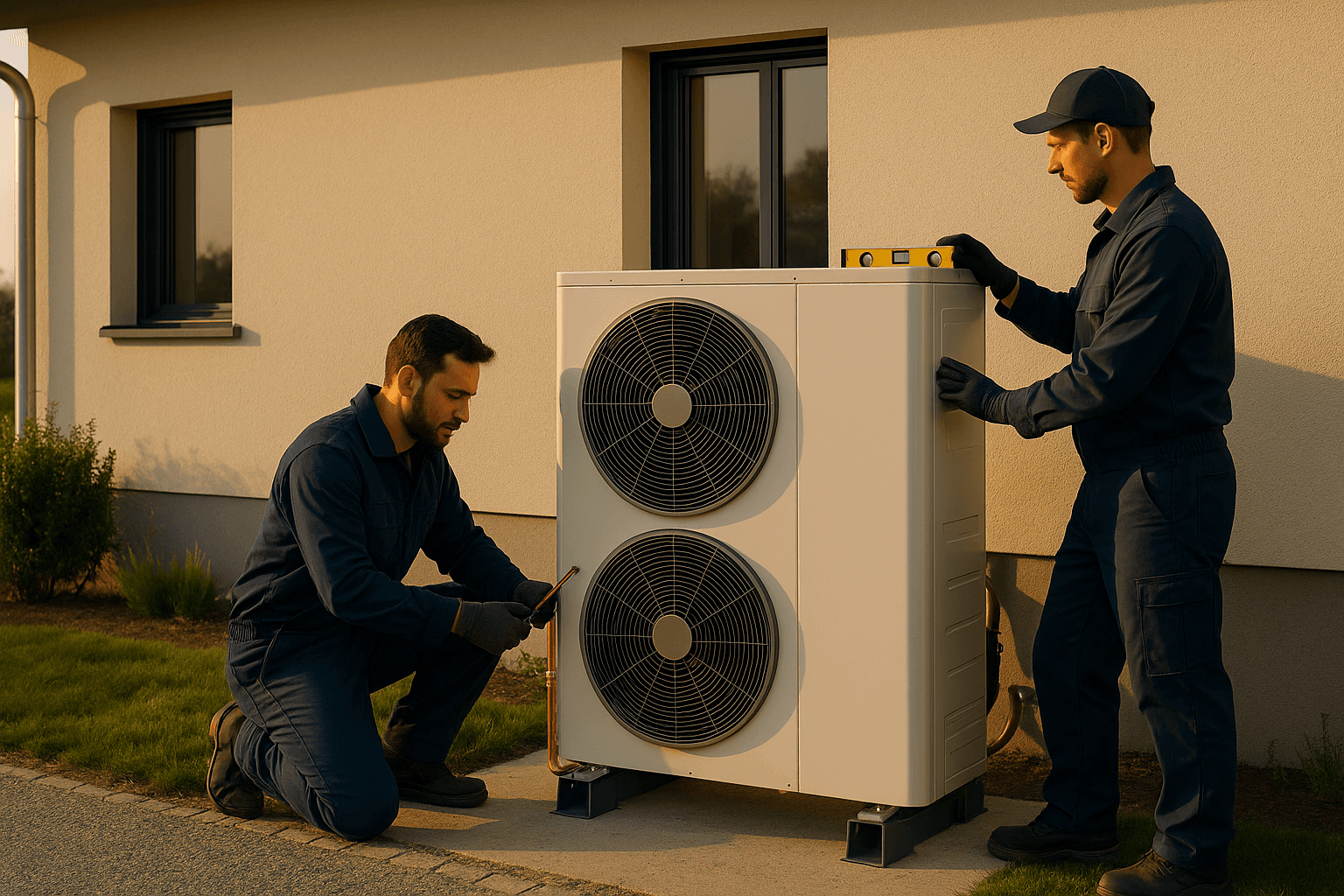Technicien RGE installant une pompe à chaleur air-eau en remplacement d'une chaudière gaz